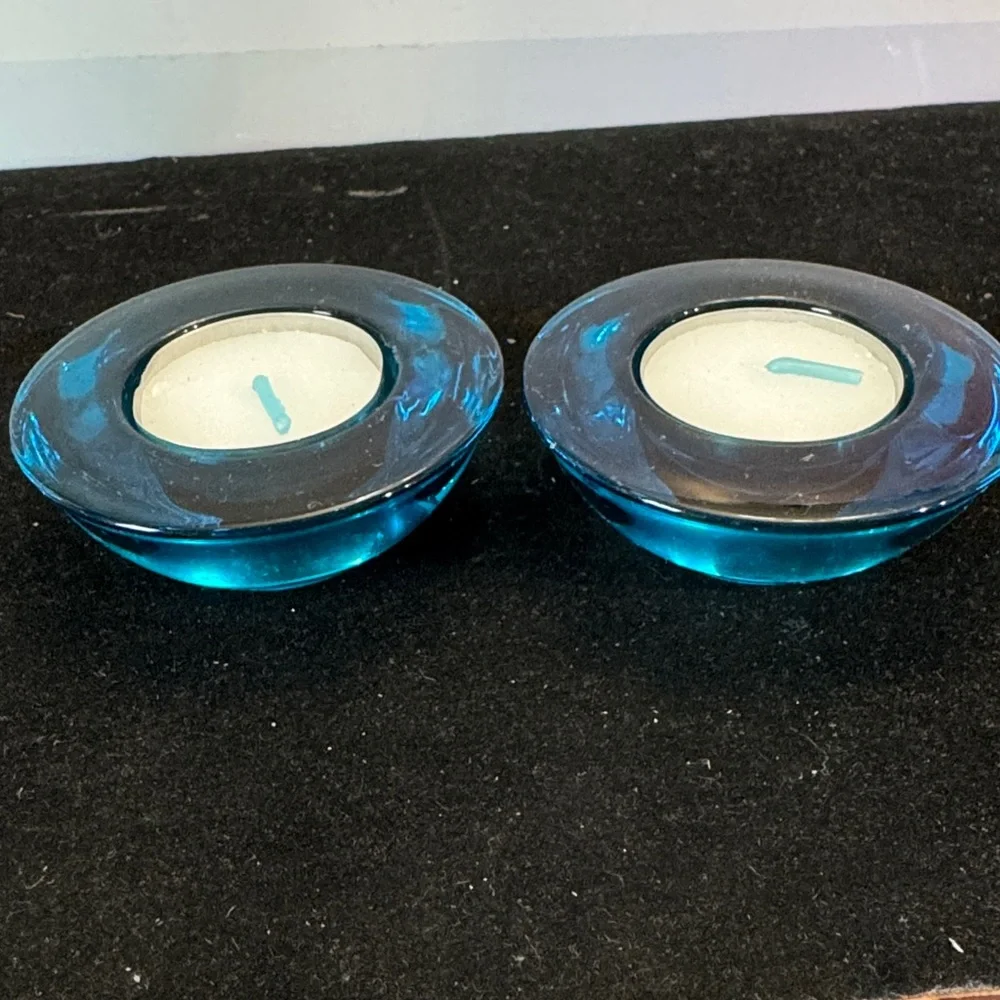 2 Chunky Blue Tealight Candle Holders